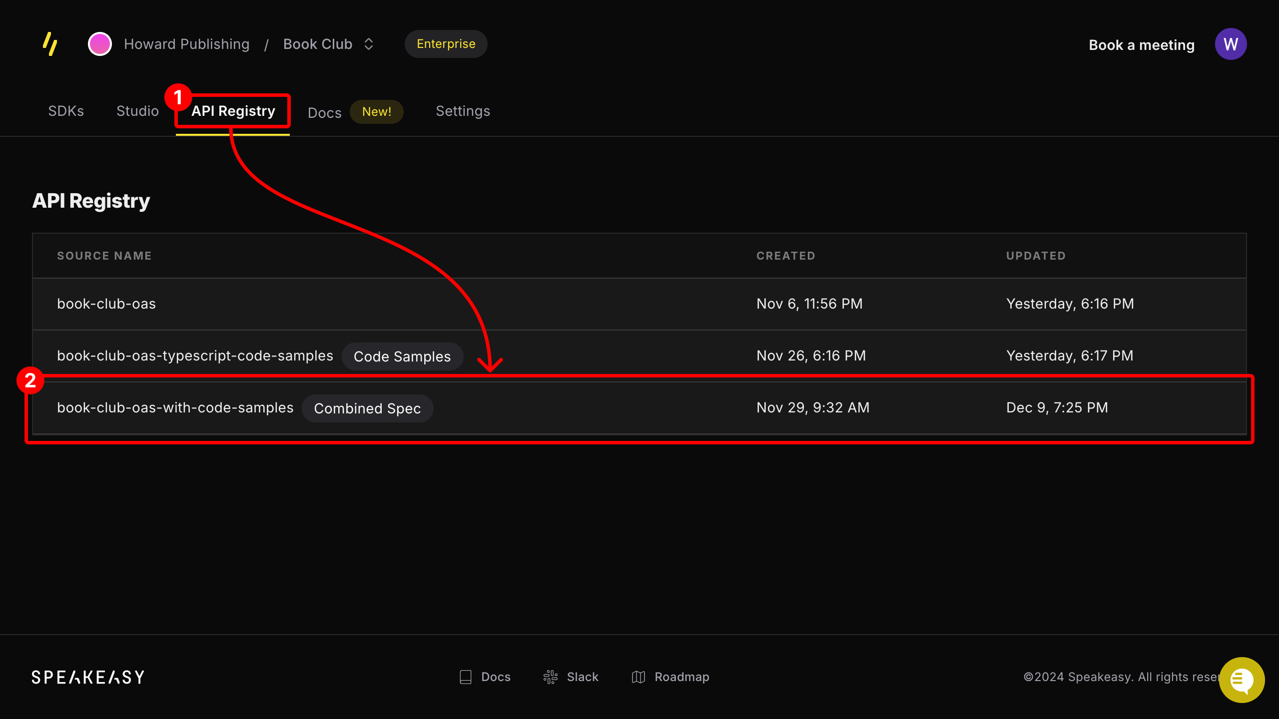 Screenshot of the Speakeasy API Registry page. A red square and the number 1 emphasize the API Registry tab, and a red square and the number 2 emphasize the entry for the API.