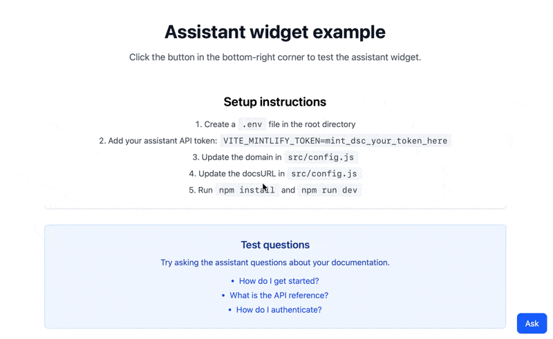 Demo of the assistant widget being opened and the user typing in How do I get started? Then the assistant responds.
